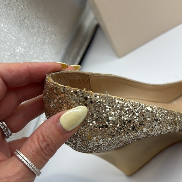 Jimmy  Choo Baxen Woven Metallic Peep Toe Wedge Heels Gold Glitter Size 38 - Picture 14 of 16